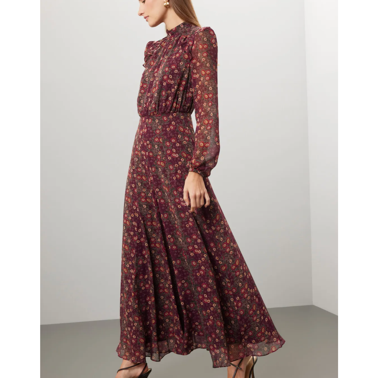 Saloni Floral Chiffon Maxi Dress Size 4 Silk High Neck Side Slit Designer $800
